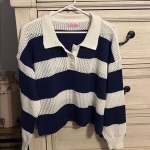 Pink Lily Navy Stripe Open Knit Sweater